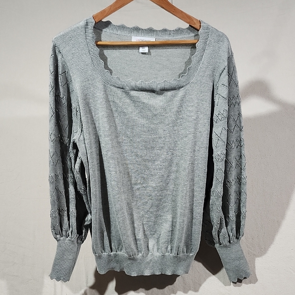 Liz Claiborne Womens Gray‎ Knit Sweater w/ Scalloped Neck Peasent Sleeves XXL